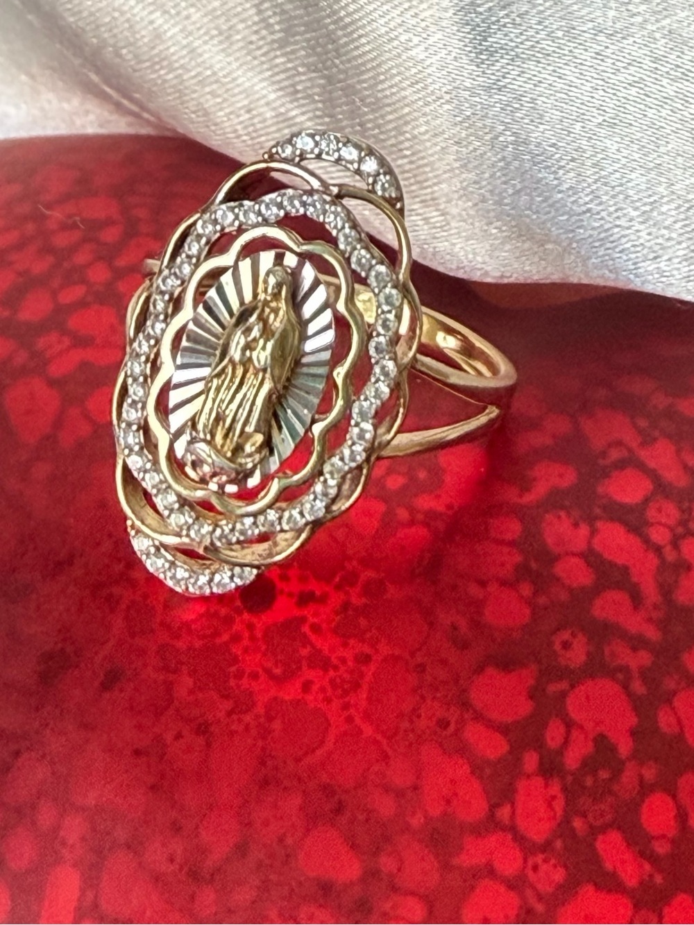 Gold-Tone Virgin Mary Ring with Clear Stones - Women Jewelry